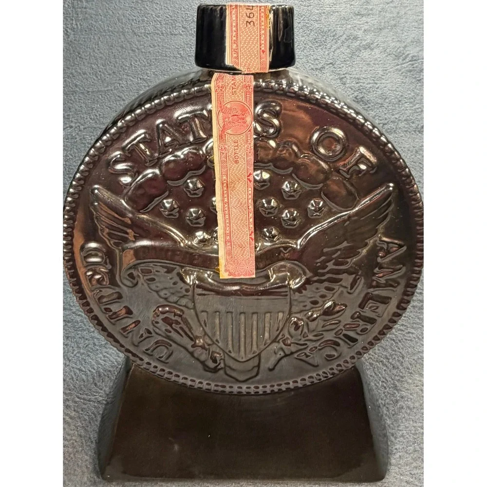 Vintage 1969 Ezra Brooks Liberty Silver Dollar Decanter Heritage China Black